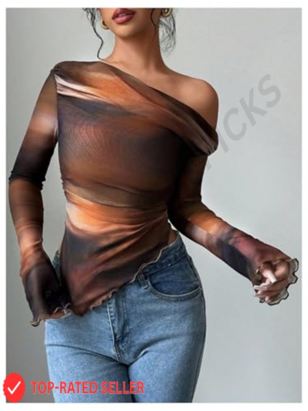 Off Shoulder Mesh Top Long Sleeve Asymmetrical Hem Ruched Fitted Tee Tie Dye - Picture 4 of 5